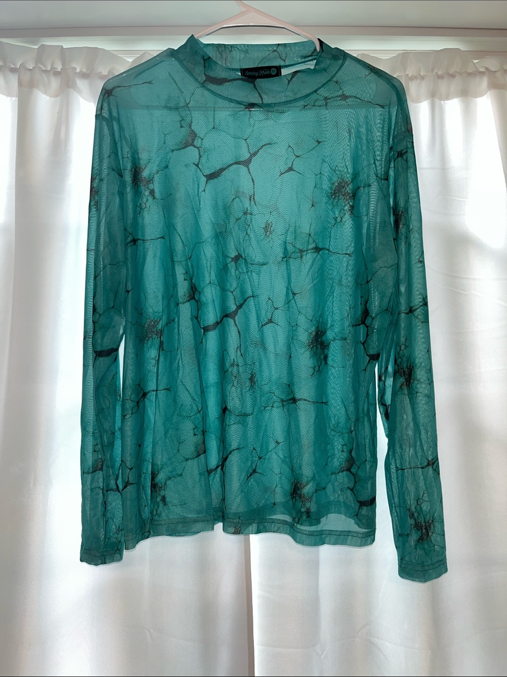 Sheer Teal Marble-Print Long Sleeve Top